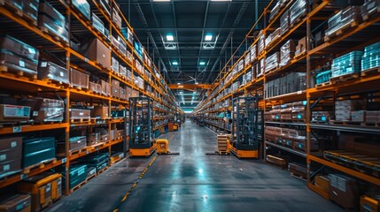 Autonomous robots navigating through aisles in a modern warehouse.