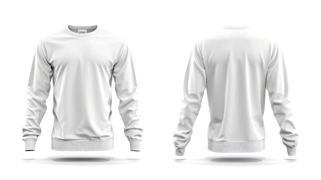 Men's Long Sleeve White T-Shirt - Front and Back Views. Isolated on White Background - Template for Garment Wear