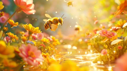 Deurstickers Sunny meadow with sparkling bokeh, vibrant flowers, and bee carrying honey bucket, humor scene, ideal for vibrant honey marketing, design and social media © Studium L&M