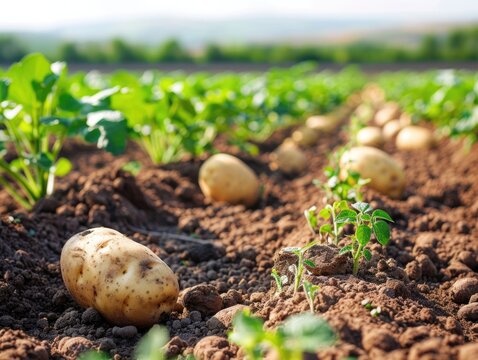 Organic Potato Crop: A Close-Up View of Kartoffel in a Field Showing Gene Manipulation and Disease Control - 3:2 ratio