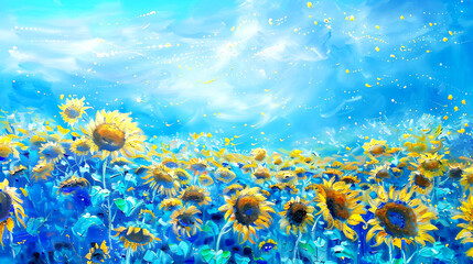 Surreal blue and orange sunflower field oil painting.  Banner. - 781107006