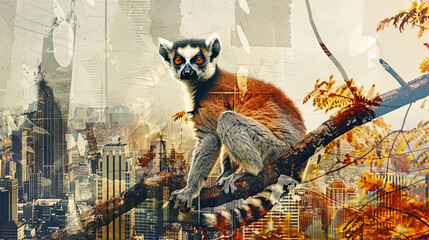 Wildlife concept. Exotic fantasy collage banner. Illustration of city and lemur - 781107010