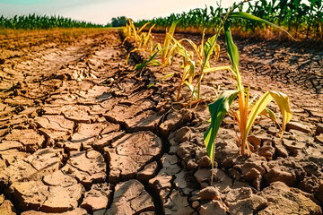 Changement climatique, terre craquelée, manque d'eau, sécheresse pour les agriculteurs - obrazy, fototapety, plakaty