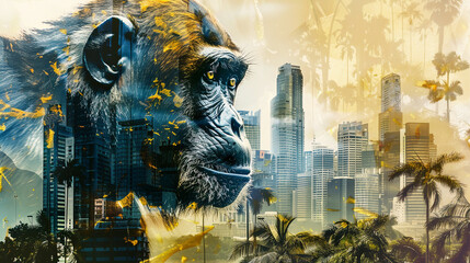 Wildlife concept. Exotic fantasy collage banner. Illustration of monkey in city and animals - 781107028