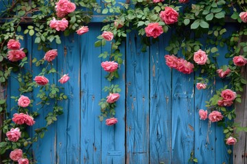 Fototapeta na wymiar Roses Climbing a Blue Wooden Gate in Garden - A Beautiful Display of Pink Roses with Green Leaves on a Wooden Gate in Garden