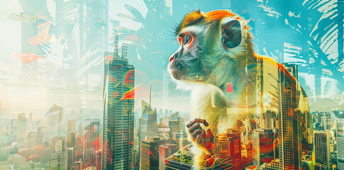 Wildlife concept. Exotic fantasy collage banner. Illustration of jungle plants and monkey. Panorama - obrazy, fototapety, plakaty