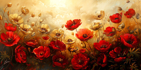 Red anemone field oil painting. Banner with beautiful spring flower. - 781107085