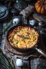 Skillet Chicken and Squash Pie with Rosemary Pastry Crust. A Hearty and Delicious One-Pot Meal with Tender Chicken, Sweet Squash, and Peas