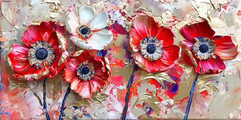 Anemone blossom textured painting. Banner with beautiful spring flower. - obrazy, fototapety, plakaty