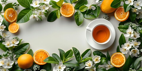 Top view of a cup of tea, slices of oranges, aromatic herbs and spring flowers. Flat layout....