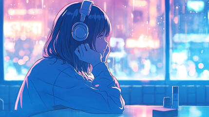 Young anime girl listening music with headphones. Cartoon drawing manga girl lofi hip hop music. generative ai
