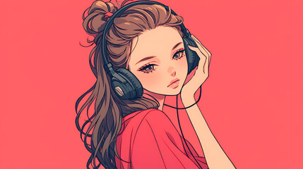 Young anime girl listening music with headphones. Cartoon drawing manga girl lofi hip hop music. generative ai