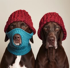 Two German Shorthaired Pointer dogs wearing balaclavas, in red and teal knitted wool, minimalist photography with a white background