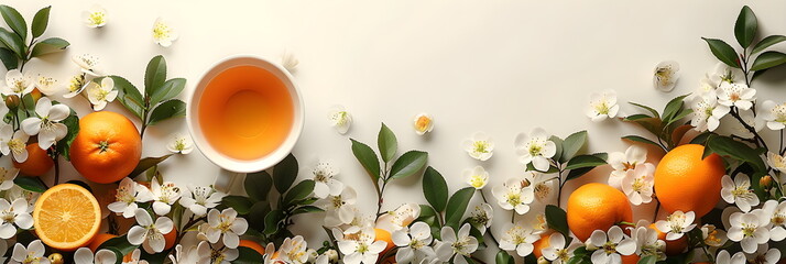 Top view of a cup of tea, slices of oranges, aromatic herbs and spring flowers. Flat layout....