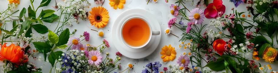 Beautiful layout of a cup of tea, berries and fragrant herbs. Flat layout. Aesthetics of nutrition.