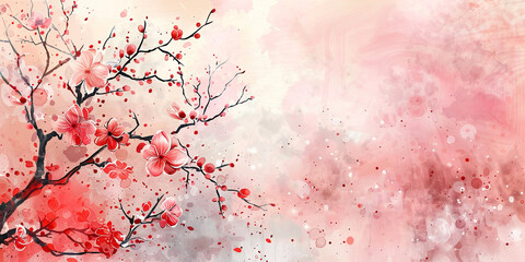 Japanese style watercolor spring red floral background. Asian abstract banner. - 781107258