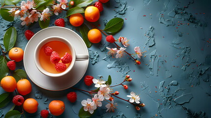 Top view of fruit tea made from orange and berries, decorated with spring blossoming cherry...