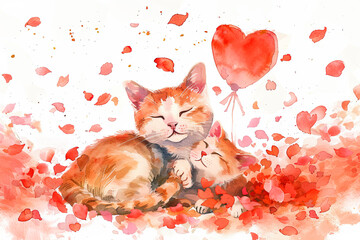 Mom Cat with cute kitten Lies in the spring flowers petals on white background. Watercolor greeting card. Happy Moter's day - 781107285
