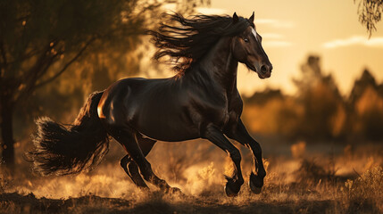 Black horse run gallop in dust against. Fast free animal - obrazy, fototapety, plakaty