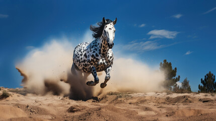 Grey Arabians horse run gallop in dust aganist blue sky. Fast and strong animal - obrazy, fototapety, plakaty
