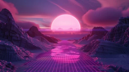 Photo sur Plexiglas Aubergine Synthwave Dreamscape: A Retro Futuristic 80's Landscape with Wireframe Grids and Purple Sun - 3D Render