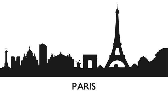Silhouette of Paris attractions with Eiffel Tower. Vector travel illustration 