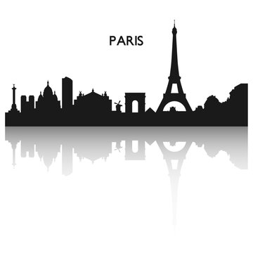 Paris city skyline in black. Vector silhouette of famous places with reflection
