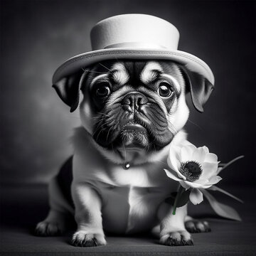 Portrait of a  pug dog in a hat on a black background. Photo generative AI.