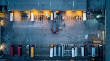 Aerial view of a busy logistics hub with colorful trucks and cargo containers.
