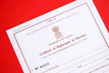Indian Certificate of registration of marriage blank document on table close up