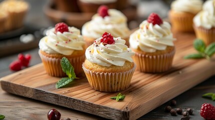 Cupcakes with white frosting and raspberries on wooden board