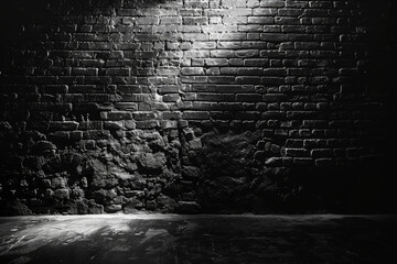 Black background with spotlight on dark brick wall, night scene. Background for product display or presentation in studio - obrazy, fototapety, plakaty