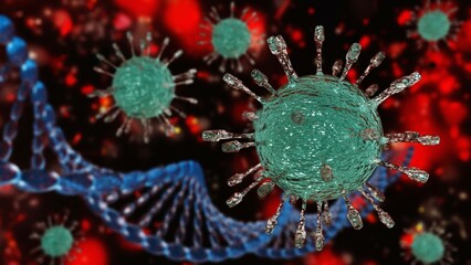 Close-up virus against the background of a DNA helix, infection with a new strain, infectious bacterium, 3D rendering