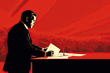 Image of a male politician at a table with papers on a red background. Concept of elections, politics, democracy. Generative AI - obrazy, fototapety, plakaty