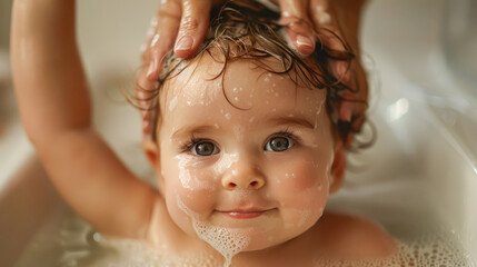 Little smiling caucasian child boy with big soap foam on head in hair in bath, Kids hygiene, Shampoo, hair treatment and soap for children, Kids bathing time. Mom's hands wash baby's hair
