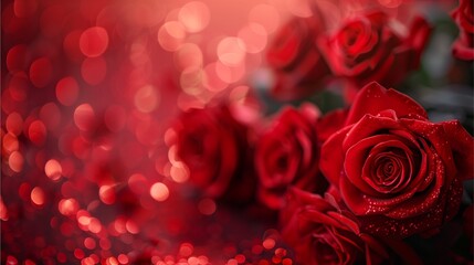 Red rose petals and roses on a romantic background with pink hues, perfect for Valentine's Day, weddings, or anniversary celebrations This beautiful and natural bouquet is a symbol of love and beauty,