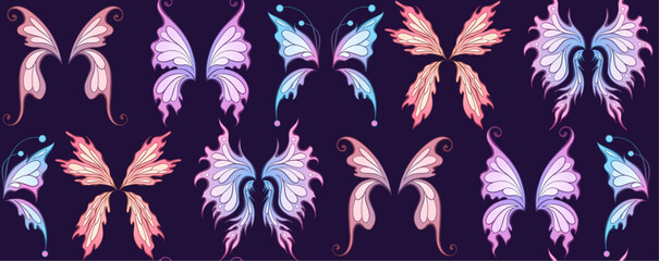 Vector seamless neon pattern with butterfly wings on a purple background. Magic texture with fairy wings for fabrics and wallpapers