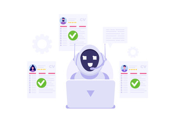 Naklejka premium HR AI, robots scanning CV for searching vacancy candidates. Flat Vector illustration.
