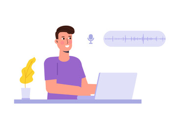 Fototapeta na wymiar Voice search concept. Character speaking on microphone. Flat Vector illustration.