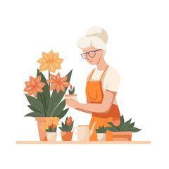Vector flat illustration of a cute old woman gardener in an apron with flowers in pots. Hobbies floristry and a pleasant pastime for pensioner. Illustration for articles and postcards