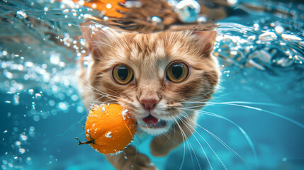 A cat swimming underwater and catch a orange - obrazy, fototapety, plakaty