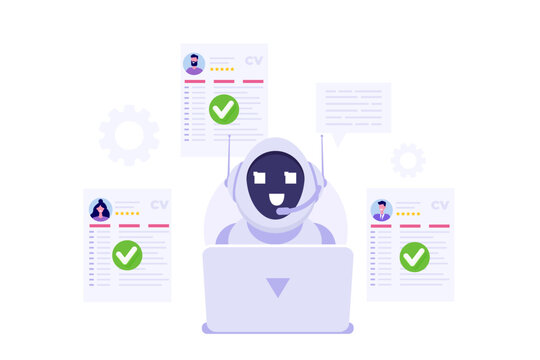 Naklejki HR AI, robots scanning CV for searching vacancy candidates. Flat Vector illustration.