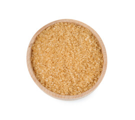 Brown sugar in bowl isolated on white, top view