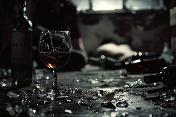 A person facing an alcohol-related struggle, surrounded by shattered bottles and a half-filled glass, capturing the hopelessness and despair.
