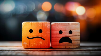 Two wooden cubes with sad faces on a bokeh light background, depicting negative emotions; Concept of mental health awareness, mood disorders, and emotional wellbeing.
