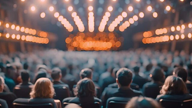 Audience in theater back view ready for show. Modern Public Women's and Males Listening Speaker and Discussing Information in Large Classroom. Human Company Collaboration and Connection on Musical 