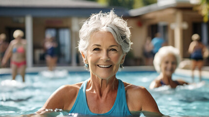 Active mature woman in 60s enjoying aqua gym class, maintaining a healthy lifestyle at a retirement community	