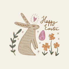 Happy Easter bunny rabbit banner template trendy cute lettering typographic vector postcard composition with sign, spring holiday elements. Good for cards, flyer, leaflet, product label, social - 781109210