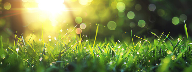 Spring background with blurred grass and sunlight in the morning