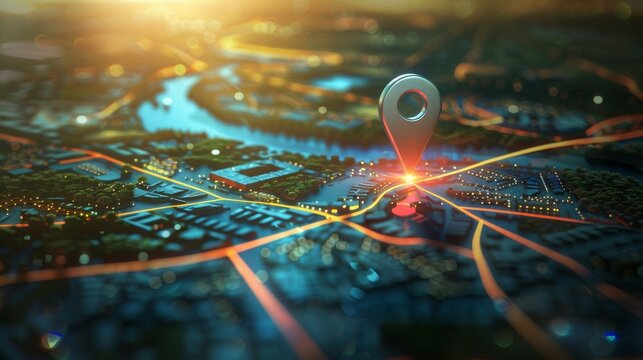 Location marking with a pin on a map with routes. Find your way. Adventure, discovery, navigation, communication, logistics, geography, transport and travel theme concept background.